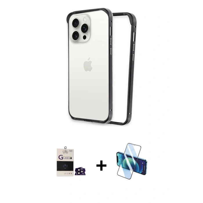 MARSİLYAN™- iPhone 14 Pro Max Kılıf Pusula Asil Koleksiyonu - Siyah 3D Antistatik Cam Ekran Koruyucu + Bilvis Titan Kamera Lens - DNMR
