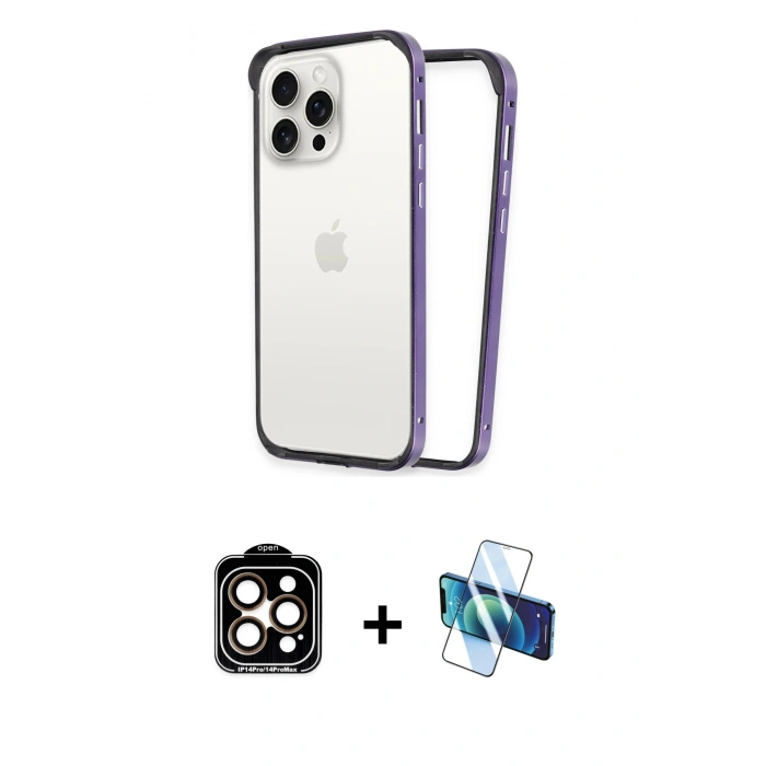 MARSİLYAN™- iPhone 14 Pro Max Kılıf Pusula Asil Koleksiyonu - Siyah 3D Antistatik Cam Ekran Koruyucu + PVD Metal Kamera Lens - TU