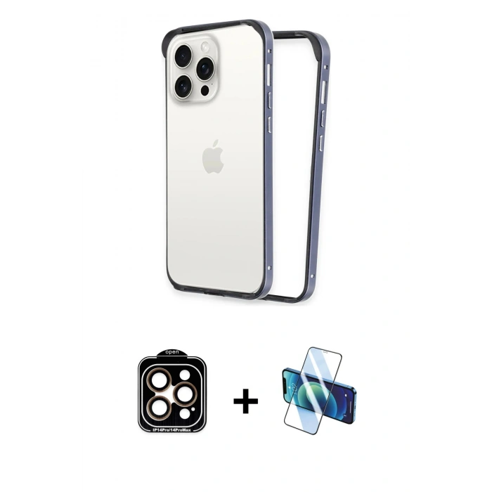 MARSİLYAN™- iPhone 14 Pro Max Kılıf Pusula Asil Koleksiyonu - Siyah 3D Antistatik Cam Ekran Koruyucu + PVD Metal Kamera Lens - TU
