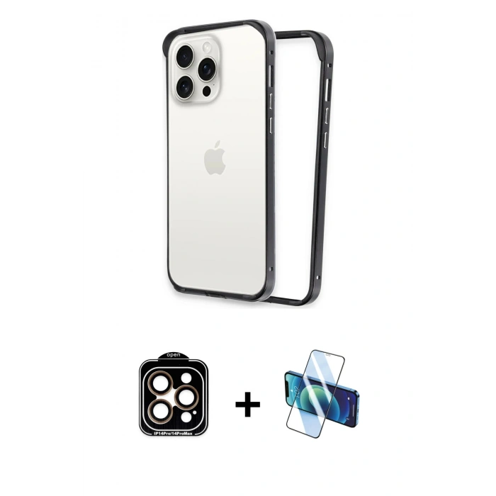 MARSİLYAN™- iPhone 14 Pro Max Kılıf Pusula Asil Koleksiyonu - Siyah 3D Antistatik Cam Ekran Koruyucu + PVD Metal Kamera Lens - TU