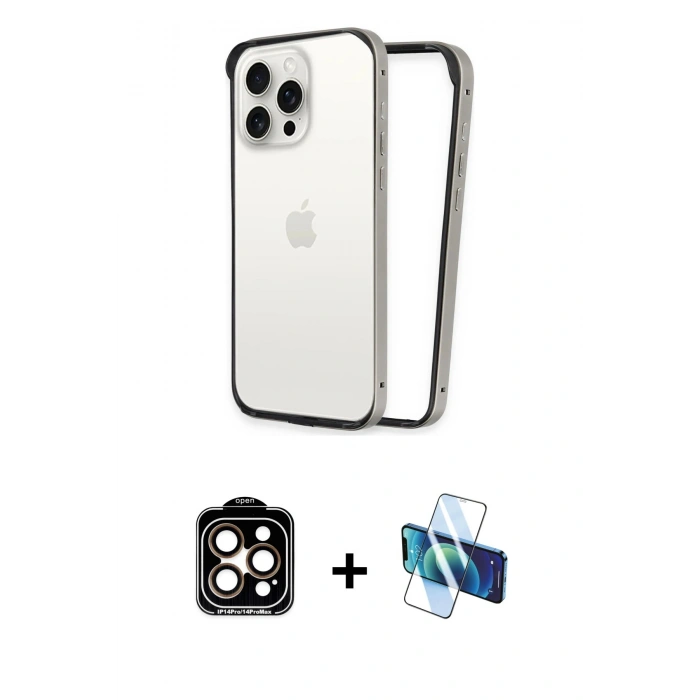 MARSİLYAN™- iPhone 14 Pro Max Kılıf Pusula Asil Koleksiyonu - Siyah 3D Antistatik Cam Ekran Koruyucu + PVD Metal Kamera Lens - TU