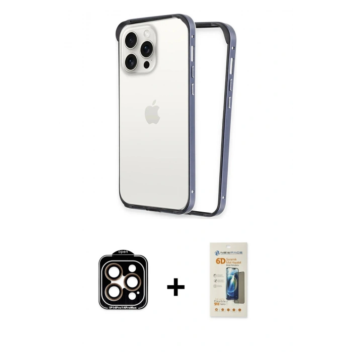 MARSİLYAN™- iPhone 14 Pro Max Kılıf Pusula Asil Koleksiyonu - Siyah 6D Mat Seramik Hayalet Nano Ekran Koruyucu + PVD Metal Kamera Lens - TU