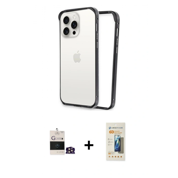 MARSİLYAN™- iPhone 14 Pro Max Kılıf Pusula Asil Koleksiyonu - Siyah 6D Mat Seramik Hayalet Nano Ekran Koruyucu + Bilvis Titan Kamera Lens - GD