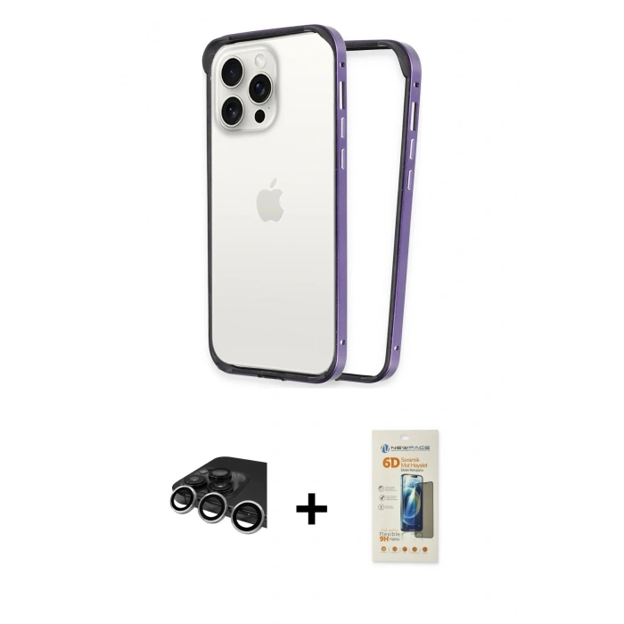 MARSİLYAN™- iPhone 14 Pro Max Kılıf Pusula Asil Koleksiyonu - Siyah 6D Mat Seramik Hayalet Nano Ekran Koruyucu + Raze Metal Kamera Lens - GS