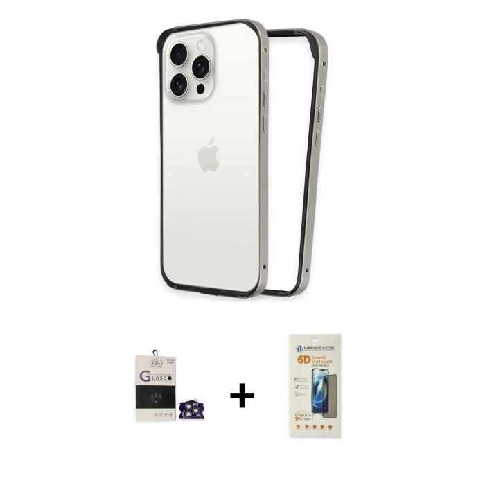 MARSİLYAN™- iPhone 14 Pro Max Kılıf Pusula Asil Koleksiyonu - Siyah 6D Mat Seramik Hayalet Nano Ekran Koruyucu + Gümüş Bilvis Titan Kamera Lens