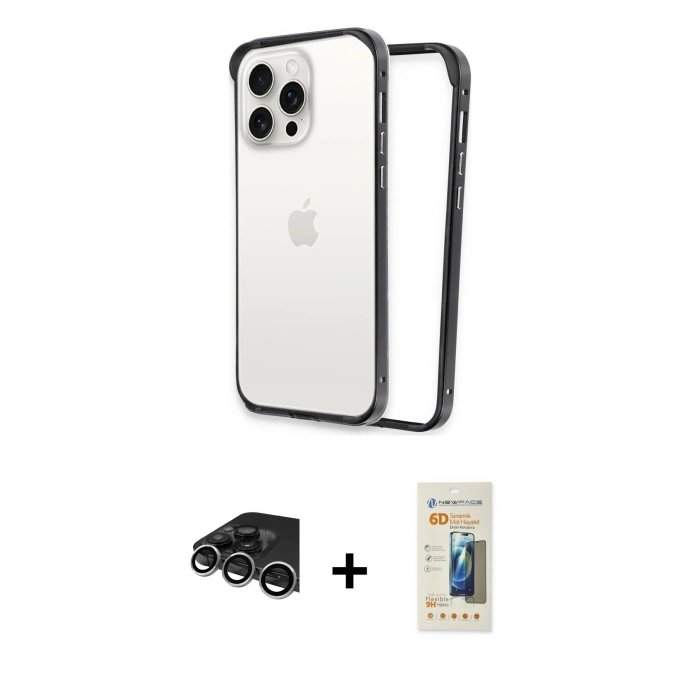 MARSİLYAN™- iPhone 14 Pro Max Kılıf Pusula Asil Koleksiyonu - Siyah 6D Mat Seramik Hayalet Nano Ekran Koruyucu + Raze Metal Kamera Lens - GS