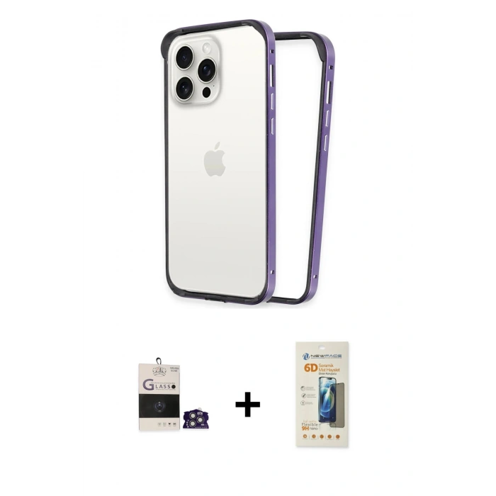 MARSİLYAN™- iPhone 14 Pro Max Kılıf Pusula Asil Koleksiyonu - Siyah 6D Mat Seramik Hayalet Nano Ekran Koruyucu + Gümüş Bilvis Titan Kamera Lens