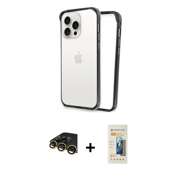 MARSİLYAN™- iPhone 14 Pro Max Kılıf Pusula Asil Koleksiyonu - Siyah 6D Mat Seramik Hayalet Nano Ekran Koruyucu + Raze Metal Kamera Lens - GD