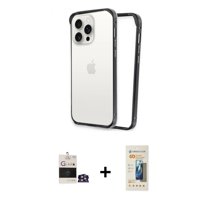 MARSİLYAN™- iPhone 14 Pro Max Kılıf Pusula Asil Koleksiyonu - Siyah 6D Mat Seramik Hayalet Nano Ekran Koruyucu + Gümüş Bilvis Titan Kamera Lens