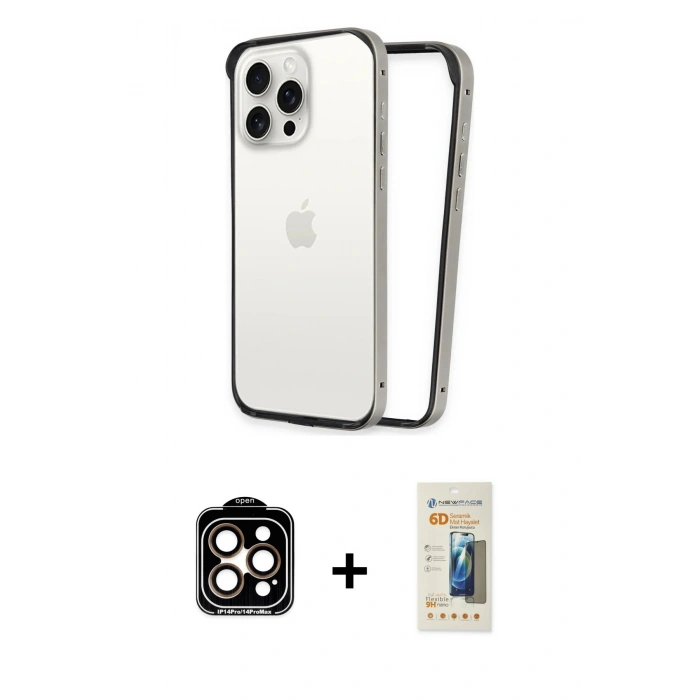 MARSİLYAN™- iPhone 14 Pro Max Kılıf Pusula Asil Koleksiyonu - Siyah 6D Mat Seramik Hayalet Nano Ekran Koruyucu + PVD Metal Kamera Lens - TU
