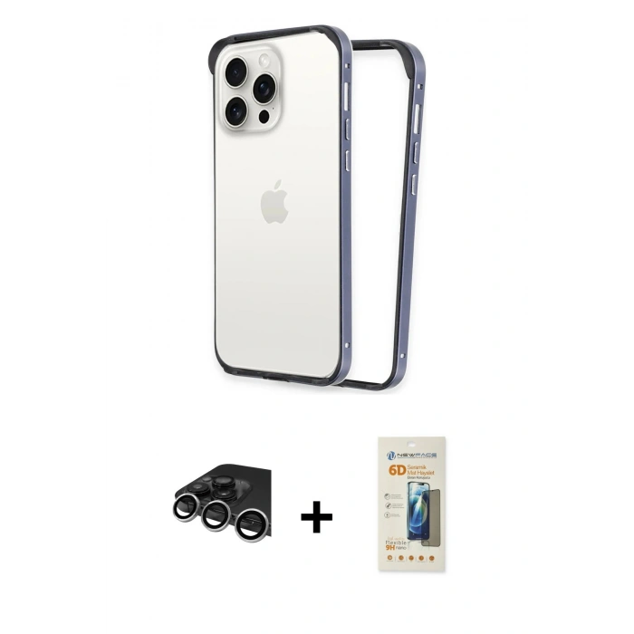 MARSİLYAN™- iPhone 14 Pro Max Kılıf Pusula Asil Koleksiyonu - Siyah 6D Mat Seramik Hayalet Nano Ekran Koruyucu + Raze Metal Kamera Lens - GS