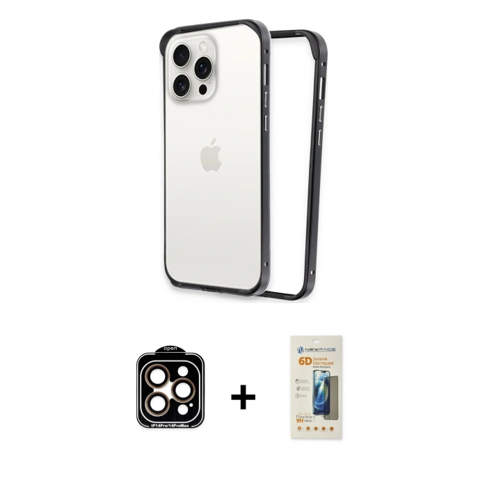 MARSİLYAN™- iPhone 14 Pro Max Kılıf Pusula Asil Koleksiyonu - Siyah 6D Mat Seramik Hayalet Nano Ekran Koruyucu + PVD Metal Kamera Lens - TU