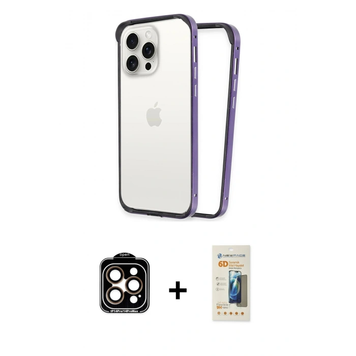 MARSİLYAN™- iPhone 14 Pro Max Kılıf Pusula Asil Koleksiyonu - Siyah 6D Mat Seramik Hayalet Nano Ekran Koruyucu + PVD Metal Kamera Lens - TU