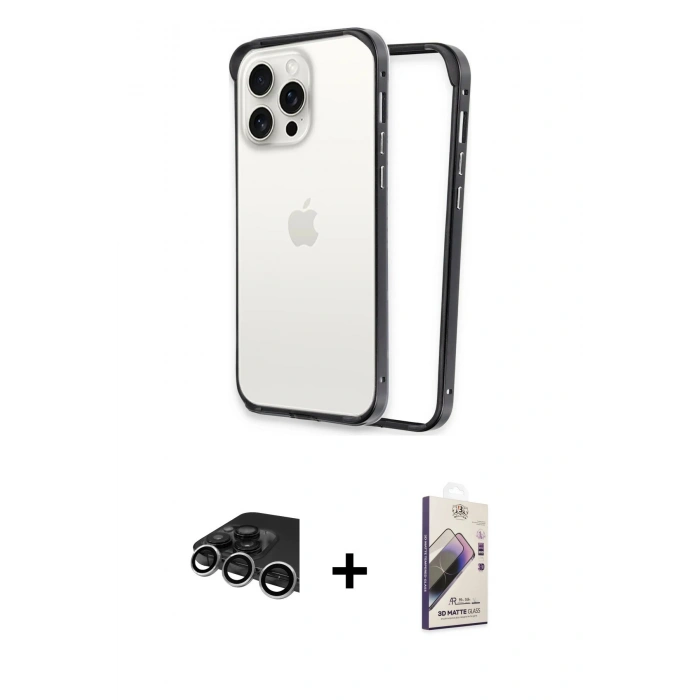 MARSİLYAN™- iPhone 14 Pro Max Kılıf Pusula Asil Koleksiyonu - Siyah Bilvis 3D Mat Cam Ekran Koruyucu + Raze Metal Kamera Lens - GS