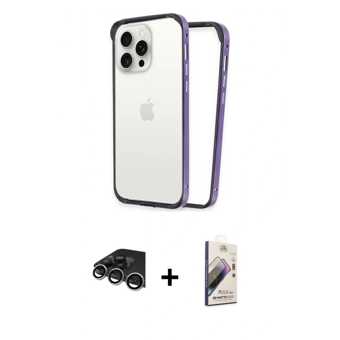 MARSİLYAN™- iPhone 14 Pro Max Kılıf Pusula Asil Koleksiyonu - Siyah Bilvis 3D Mat Cam Ekran Koruyucu + Raze Metal Kamera Lens - GS
