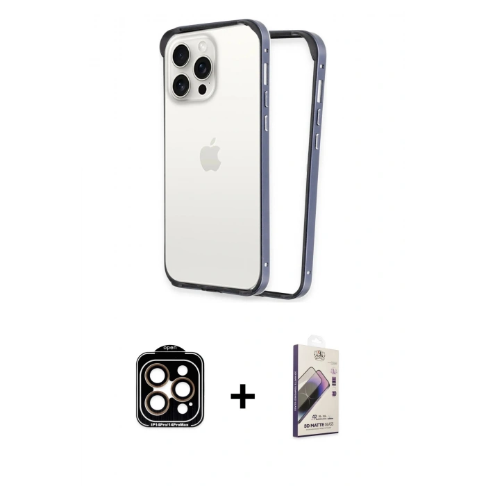 MARSİLYAN™- iPhone 14 Pro Max Kılıf Pusula Asil Koleksiyonu - Siyah Bilvis 3D Mat Cam Ekran Koruyucu + PVD Metal Kamera Lens - TU