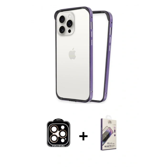 MARSİLYAN™- iPhone 14 Pro Max Kılıf Pusula Asil Koleksiyonu - Siyah Bilvis 3D Mat Cam Ekran Koruyucu + PVD Metal Kamera Lens - TU