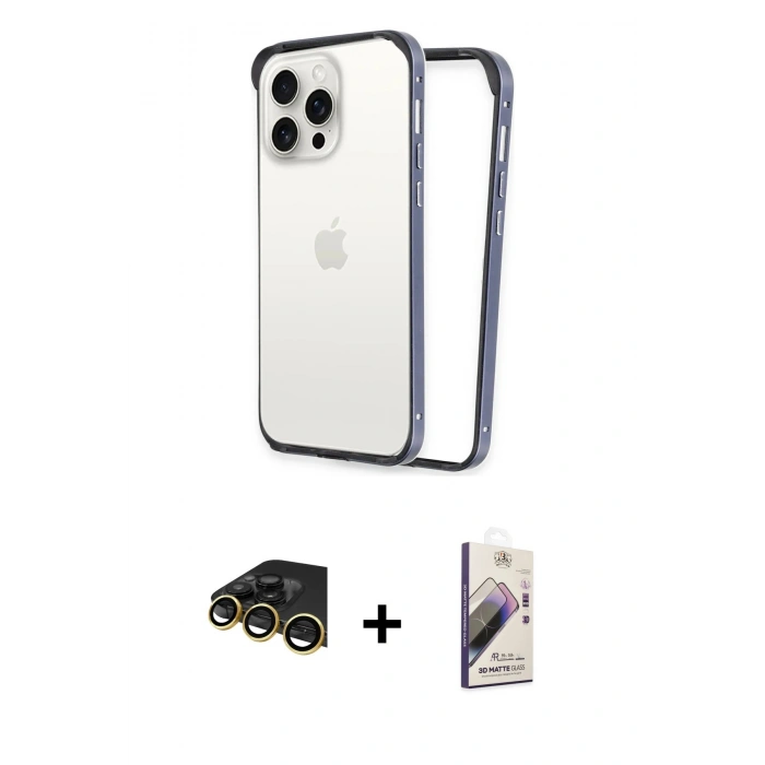MARSİLYAN™- iPhone 14 Pro Max Kılıf Pusula Asil Koleksiyonu - Siyah Bilvis 3D Mat Cam Ekran Koruyucu + Raze Metal Kamera Lens - GD