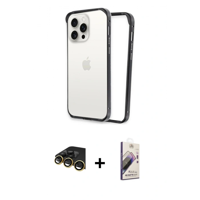 MARSİLYAN™- iPhone 14 Pro Max Kılıf Pusula Asil Koleksiyonu - Siyah Bilvis 3D Mat Cam Ekran Koruyucu + Raze Metal Kamera Lens - GD