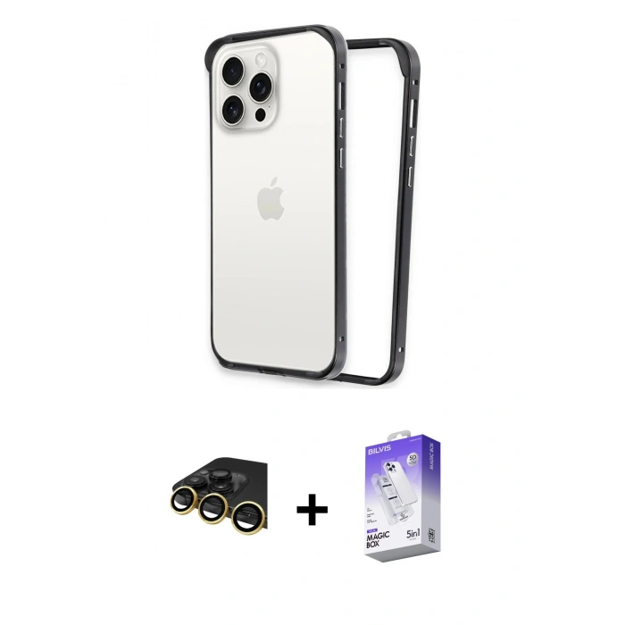 MARSİLYAN™- iPhone 14 Pro Max Kılıf Pusula Asil Koleksiyonu - Siyah Bilvis 5in1 3D Magic Cam Ekran Koruyucu + Raze Metal Kamera Lens - GD