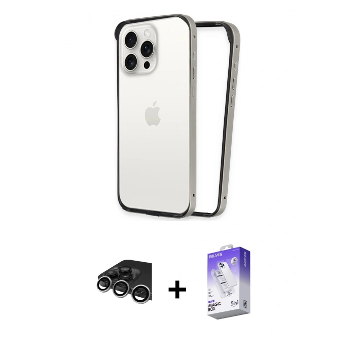 MARSİLYAN™- iPhone 14 Pro Max Kılıf Pusula Asil Koleksiyonu - Siyah Bilvis 5in1 3D Magic Cam Ekran Koruyucu + Raze Metal Kamera Lens - GS