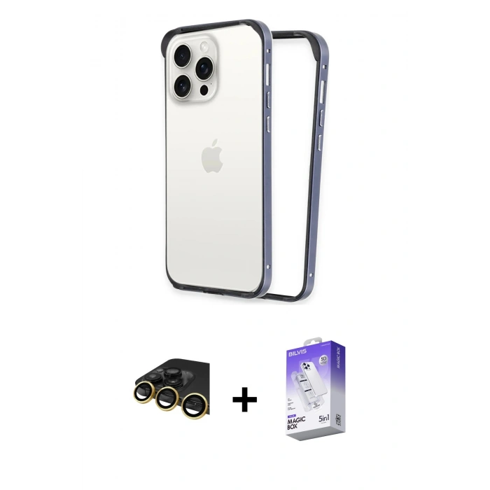 MARSİLYAN™- iPhone 14 Pro Max Kılıf Pusula Asil Koleksiyonu - Siyah Bilvis 5in1 3D Magic Cam Ekran Koruyucu + Raze Metal Kamera Lens - GD