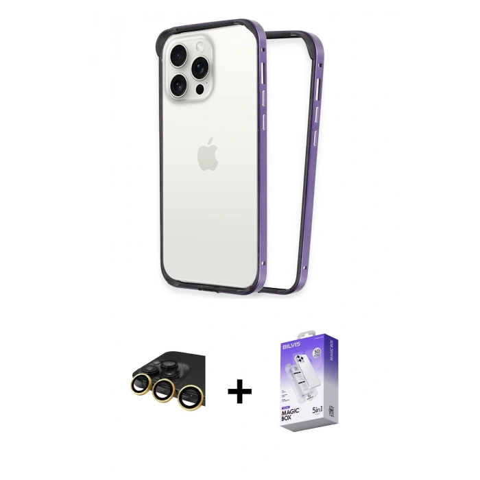 MARSİLYAN™- iPhone 14 Pro Max Kılıf Pusula Asil Koleksiyonu - Siyah Bilvis 5in1 3D Magic Cam Ekran Koruyucu + Raze Metal Kamera Lens - GD