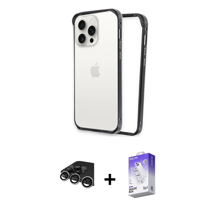MARSİLYAN™- iPhone 14 Pro Max Kılıf Pusula Asil Koleksiyonu - Siyah Bilvis 5in1 3D Magic Cam Ekran Koruyucu + Raze Metal Kamera Lens - GS