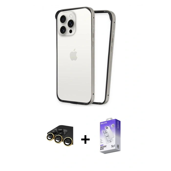 MARSİLYAN™- iPhone 14 Pro Max Kılıf Pusula Asil Koleksiyonu - Siyah Bilvis 5in1 3D Magic Cam Ekran Koruyucu + Raze Metal Kamera Lens - GD