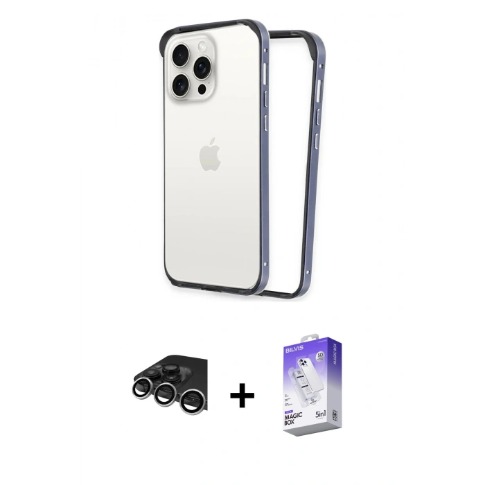 MARSİLYAN™- iPhone 14 Pro Max Kılıf Pusula Asil Koleksiyonu - Siyah Bilvis 5in1 3D Magic Cam Ekran Koruyucu + Raze Metal Kamera Lens - GS