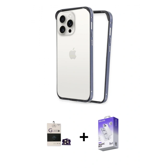 MARSİLYAN™- iPhone 14 Pro Max Kılıf Pusula Asil Koleksiyonu - Siyah Bilvis 5in1 3D Magic Cam Ekran Koruyucu + Gold Bilvis Titan Kamera Lens
