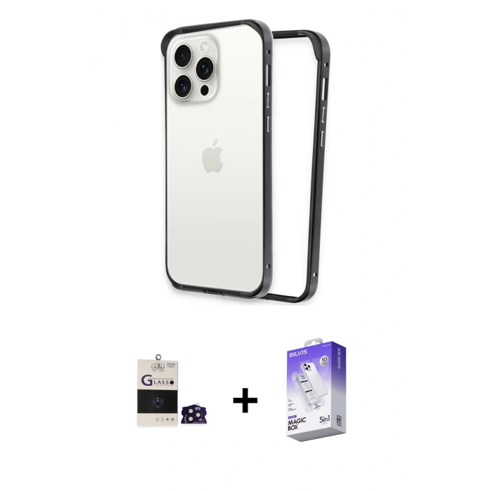 MARSİLYAN™- iPhone 14 Pro Max Kılıf Pusula Asil Koleksiyonu - Siyah Bilvis 5in1 3D Magic Cam Ekran Koruyucu + Derin Mor Bilvis Titan Kamera Lens