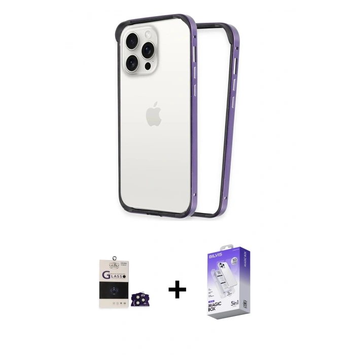 MARSİLYAN™- iPhone 14 Pro Max Kılıf Pusula Asil Koleksiyonu - Siyah Bilvis 5in1 3D Magic Cam Ekran Koruyucu + Derin Mor Bilvis Titan Kamera Lens