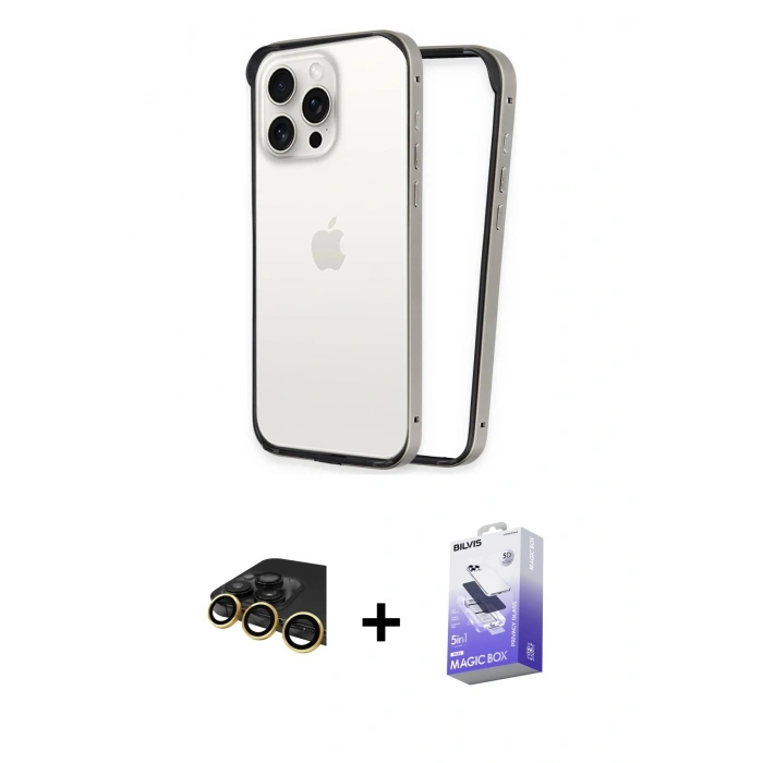 MARSİLYAN™- iPhone 14 Pro Max Kılıf Pusula Asil Koleksiyonu - Siyah Bilvis 5in1 5D Magic Hayalet Cam Ekran Koruyucu + Raze Metal Kamera Lens - GD