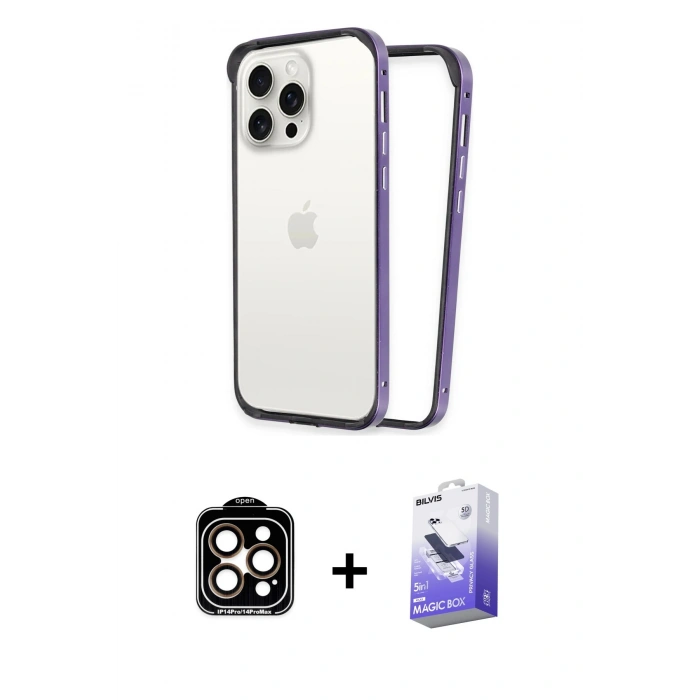 MARSİLYAN™- iPhone 14 Pro Max Kılıf Pusula Asil Koleksiyonu - Siyah Bilvis 5in1 5D Magic Hayalet Cam Ekran Koruyucu + Turuncu PVD Metal Kamera Lens
