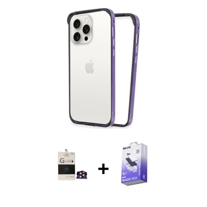 MARSİLYAN™- iPhone 14 Pro Max Kılıf Pusula Asil Koleksiyonu - Siyah Bilvis 5in1 5D Magic Hayalet Cam Ekran Koruyucu + Gold Bilvis Titan Kamera Lens