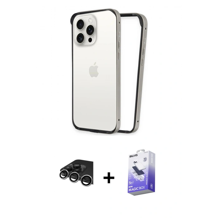 MARSİLYAN™- iPhone 14 Pro Max Kılıf Pusula Asil Koleksiyonu - Siyah Bilvis 5in1 5D Magic Hayalet Cam Ekran Koruyucu + Raze Metal Kamera Lens - GS