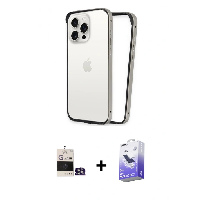 MARSİLYAN™- iPhone 14 Pro Max Kılıf Pusula Asil Koleksiyonu - Siyah Bilvis 5in1 5D Magic Hayalet Cam Ekran Koruyucu + Bilvis Titan Kamera Lens - GS