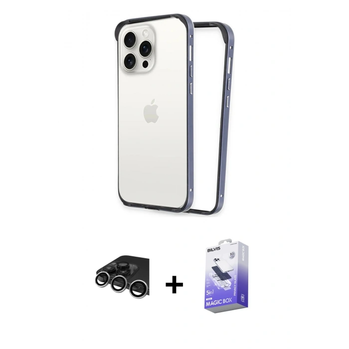 MARSİLYAN™- iPhone 14 Pro Max Kılıf Pusula Asil Koleksiyonu - Siyah Bilvis 5in1 5D Magic Hayalet Cam Ekran Koruyucu + Raze Metal Kamera Lens - GS