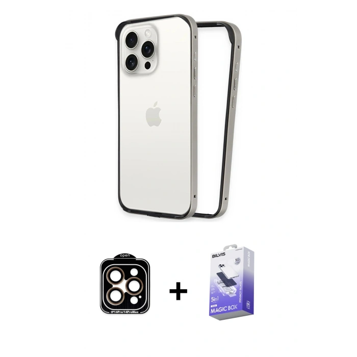 MARSİLYAN™- iPhone 14 Pro Max Kılıf Pusula Asil Koleksiyonu - Siyah Bilvis 5in1 5D Magic Hayalet Cam Ekran Koruyucu + Turuncu PVD Metal Kamera Lens