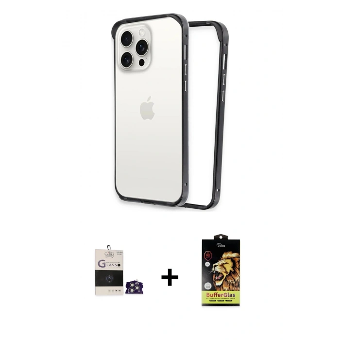 MARSİLYAN™- iPhone 14 Pro Max Kılıf Pusula Asil Koleksiyonu - Siyah Buffer Cam Ekran Koruyucu + Bilvis Titan Kamera Lens - GS
