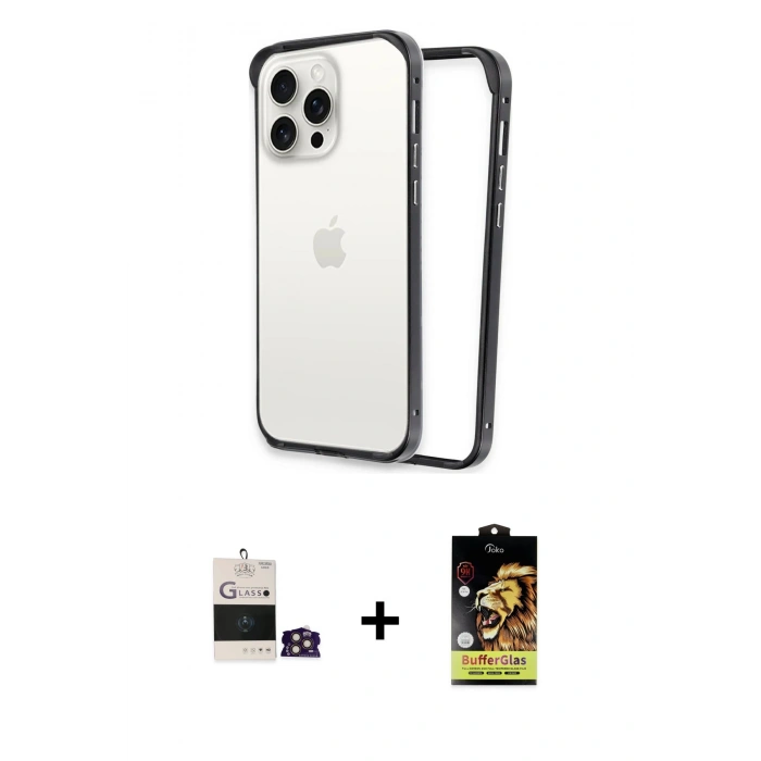 MARSİLYAN™- iPhone 14 Pro Max Kılıf Pusula Asil Koleksiyonu - Siyah Buffer Cam Ekran Koruyucu + Bilvis Titan Kamera Lens - GD