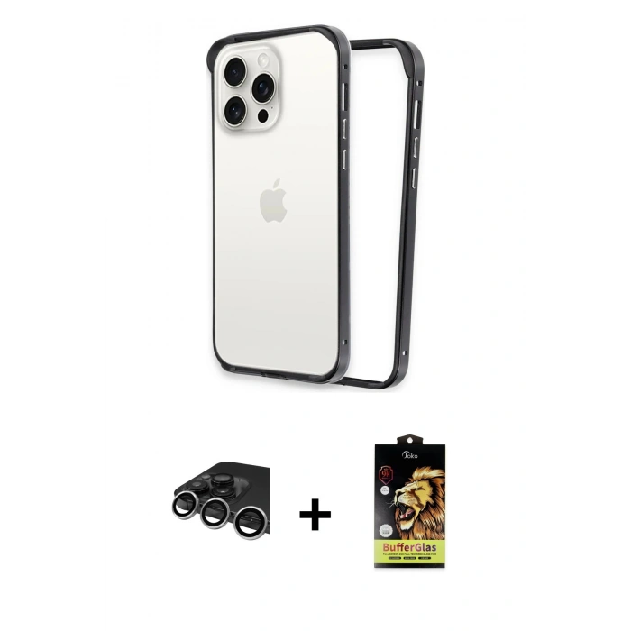MARSİLYAN™- iPhone 14 Pro Max Kılıf Pusula Asil Koleksiyonu - Siyah Buffer Cam Ekran Koruyucu + Raze Metal Kamera Lens - GS
