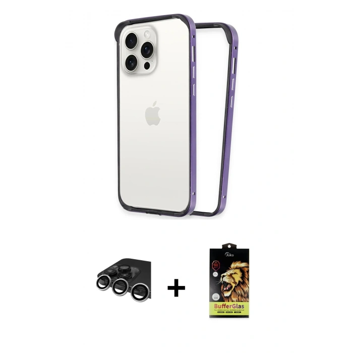 MARSİLYAN™- iPhone 14 Pro Max Kılıf Pusula Asil Koleksiyonu - Siyah Buffer Cam Ekran Koruyucu + Raze Metal Kamera Lens - GS
