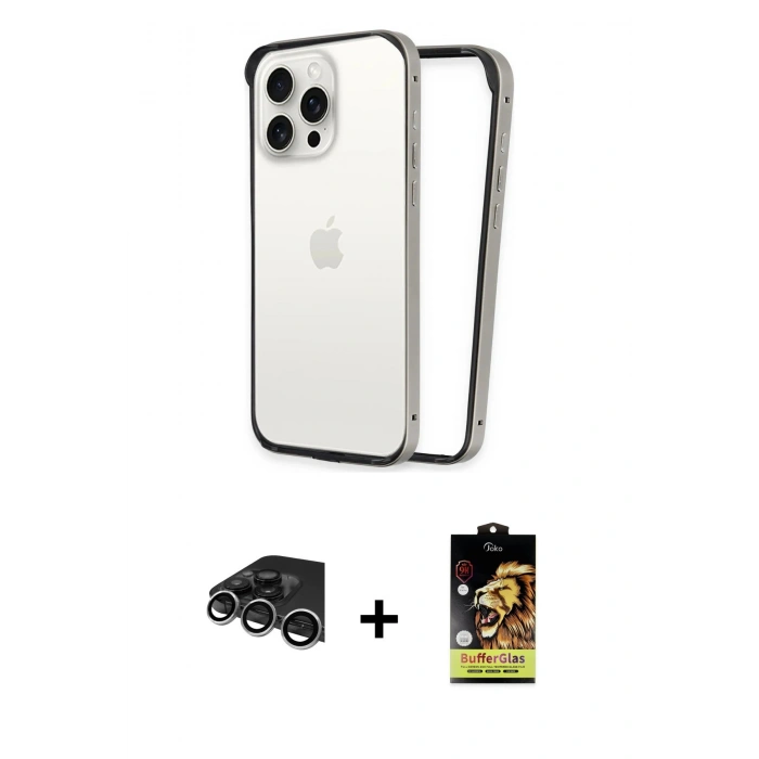 MARSİLYAN™- iPhone 14 Pro Max Kılıf Pusula Asil Koleksiyonu - Siyah Buffer Cam Ekran Koruyucu + Raze Metal Kamera Lens - GS