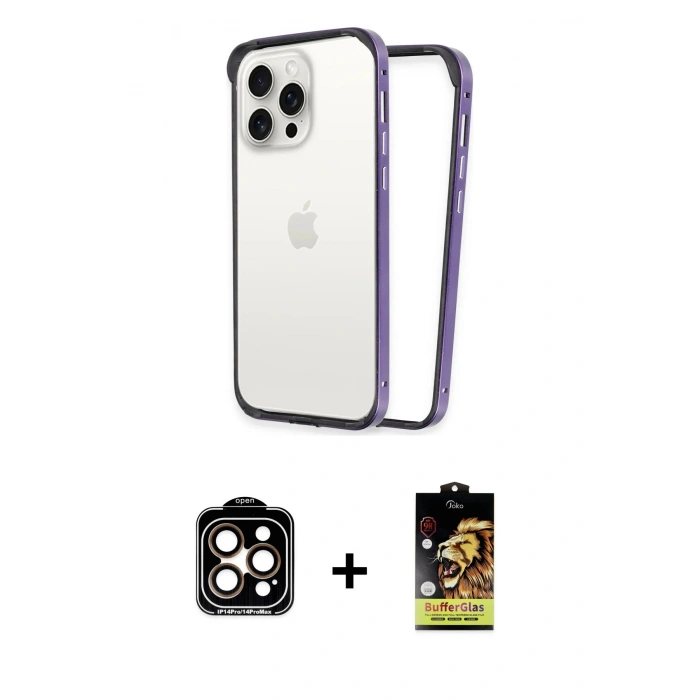 MARSİLYAN™- iPhone 14 Pro Max Kılıf Pusula Asil Koleksiyonu - Siyah Buffer Cam Ekran Koruyucu + PVD Metal Kamera Lens - TU