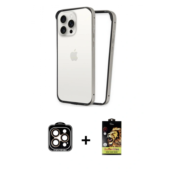 MARSİLYAN™- iPhone 14 Pro Max Kılıf Pusula Asil Koleksiyonu - Siyah Buffer Cam Ekran Koruyucu + PVD Metal Kamera Lens - TU