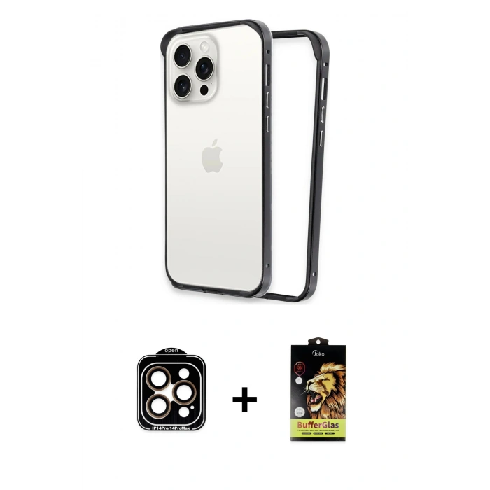 MARSİLYAN™- iPhone 14 Pro Max Kılıf Pusula Asil Koleksiyonu - Siyah Buffer Cam Ekran Koruyucu + PVD Metal Kamera Lens - TU