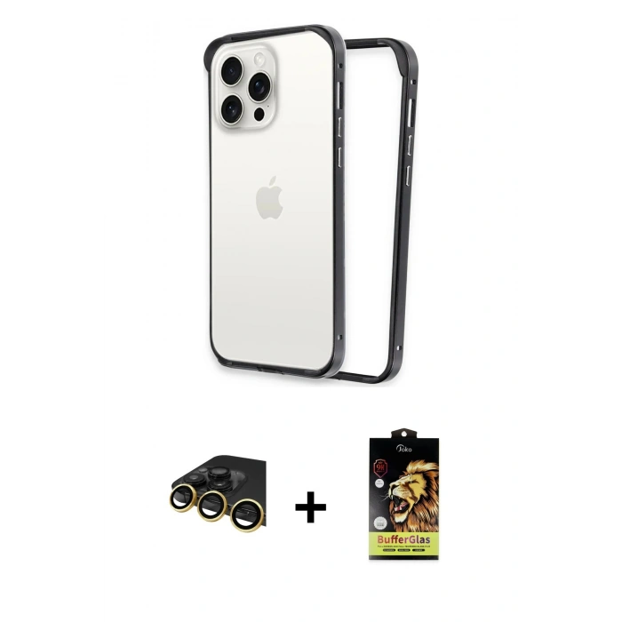 MARSİLYAN™- iPhone 14 Pro Max Kılıf Pusula Asil Koleksiyonu - Siyah Buffer Cam Ekran Koruyucu + Raze Metal Kamera Lens - GD
