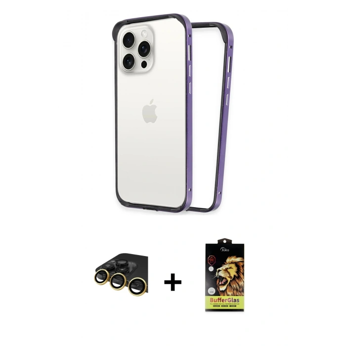 MARSİLYAN™- iPhone 14 Pro Max Kılıf Pusula Asil Koleksiyonu - Siyah Buffer Cam Ekran Koruyucu + Raze Metal Kamera Lens - GD